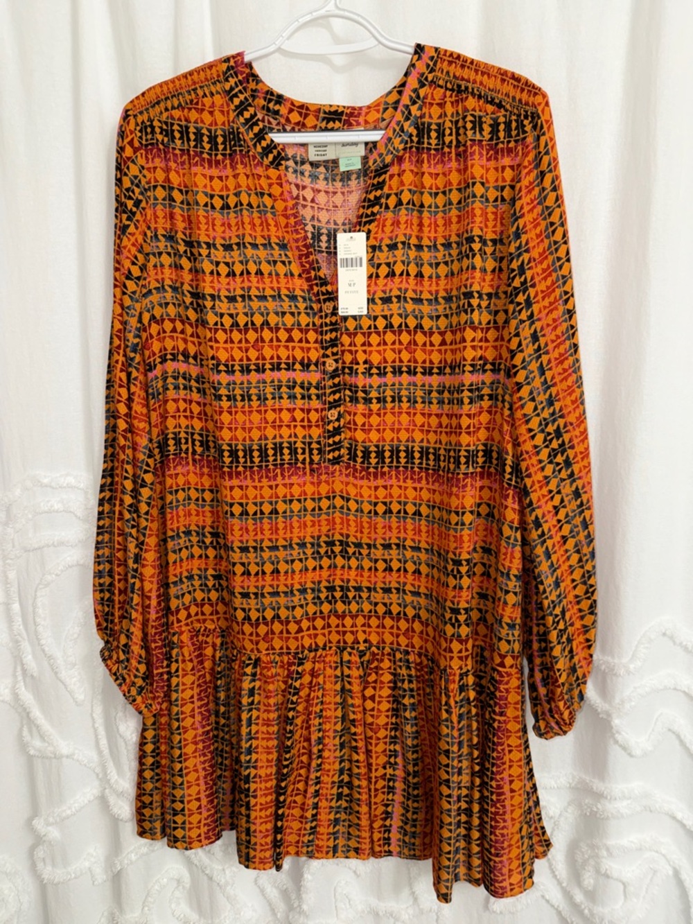 Women's Anthropologie Long-Sleeve Tiered Dress in Burnt Orange Geometric Print